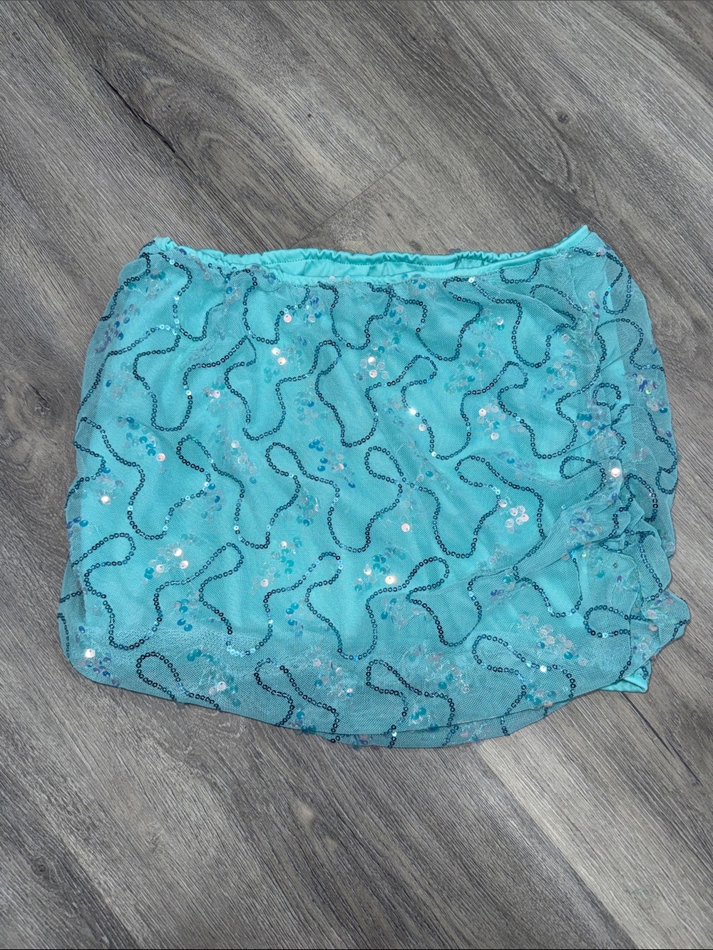 Teal Tropical Sequin Scrunch Lined Mesh Bodycon Mini Skirt Never Worn